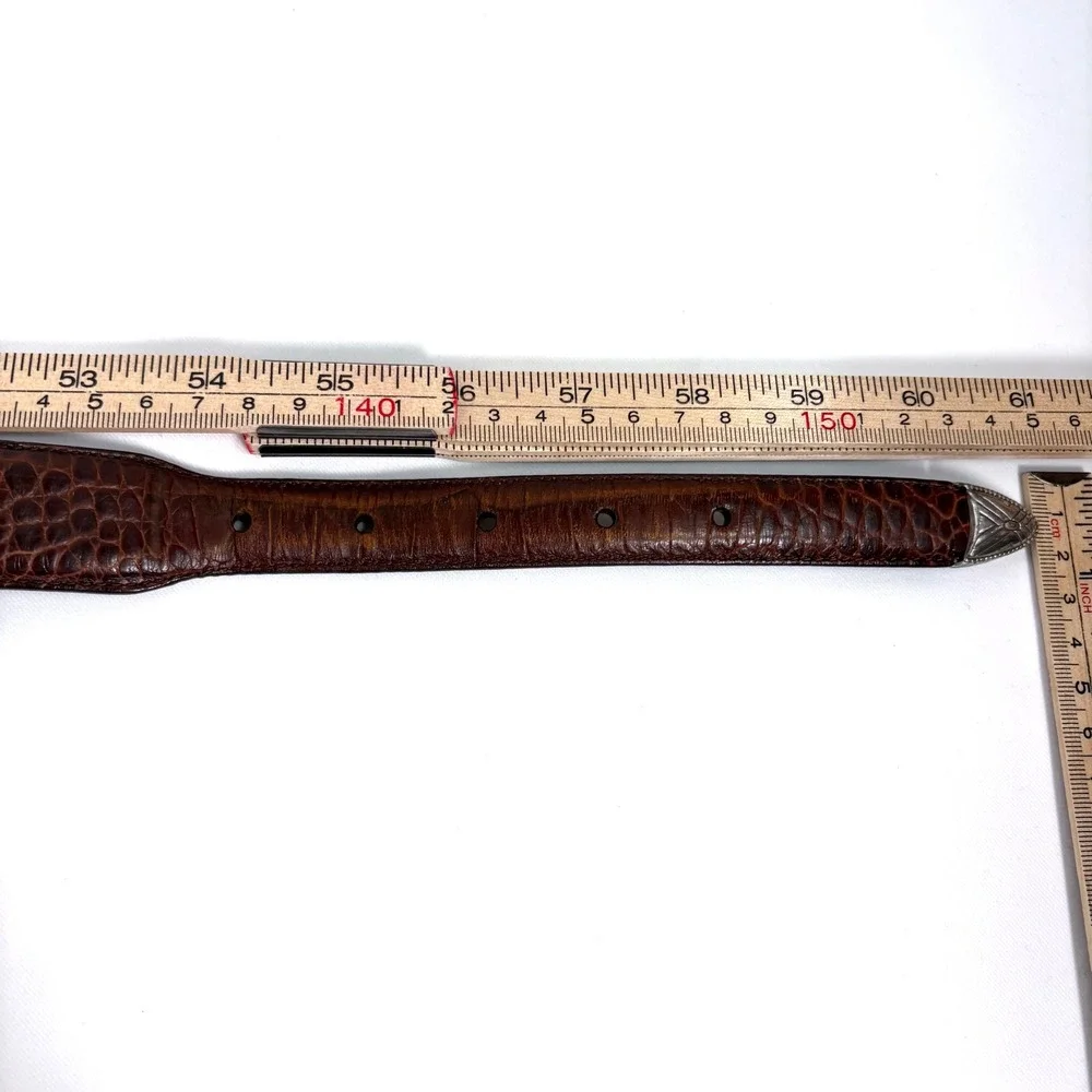 Roundtree & Yorke Belt Brown Croc Embossed Leather Western Silver Hardware 56